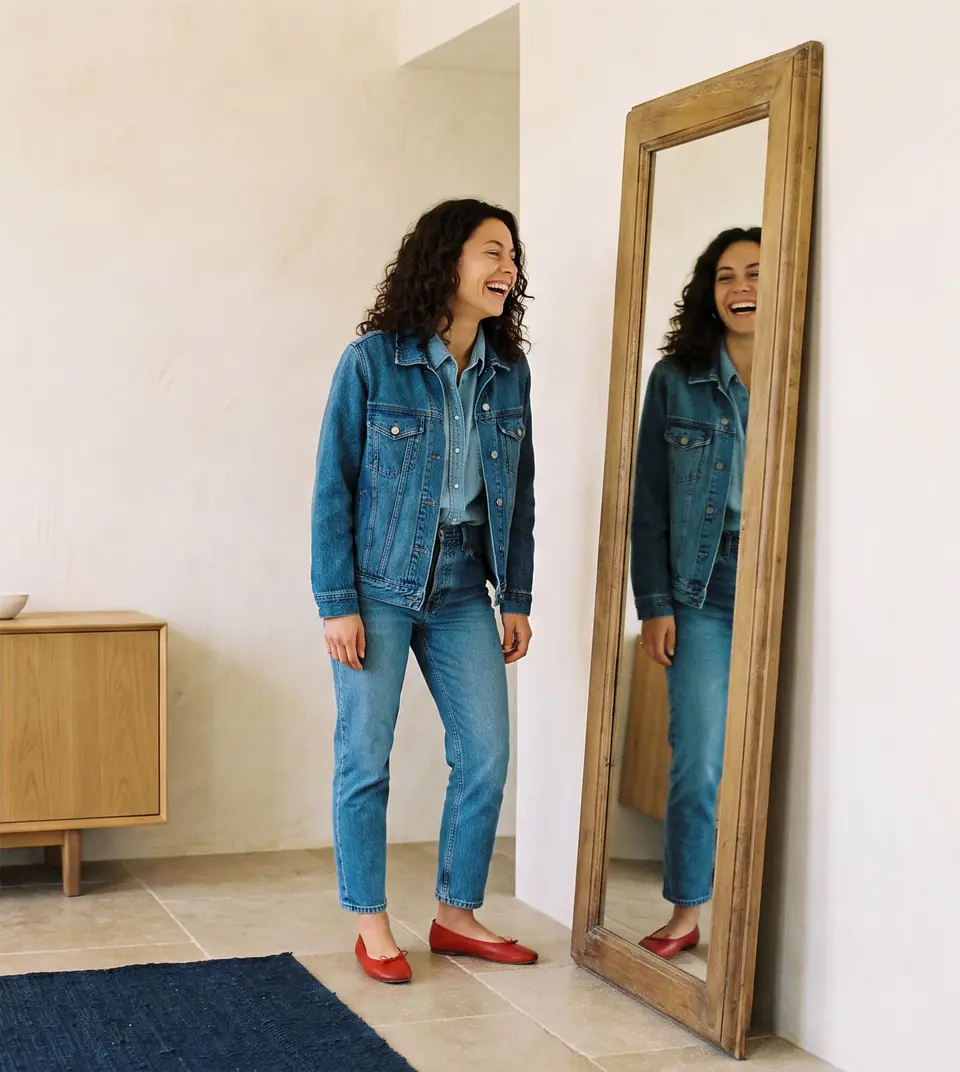 Eine junge Frau in Jeansjacke und Jeans lacht vor einem grossen Spiegel in einem hellen, ruhigen Zimmer.