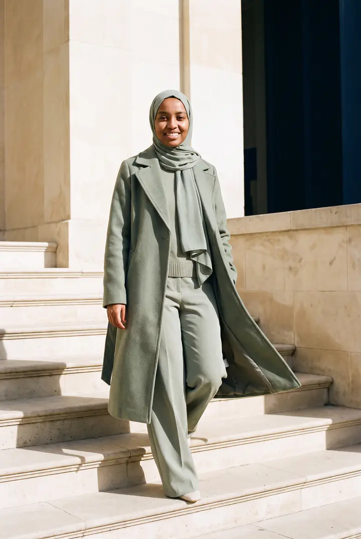 Eine Frau in salbeigrünem Mantel, weiter Hose und Hijab geht eine Steintreppe hinunter.